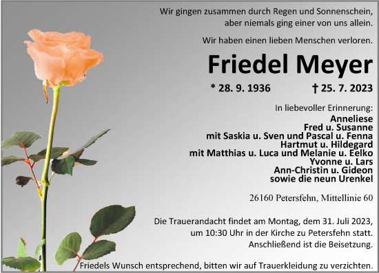Traueranzeige von Friedel Meyer von Nordwest-Zeitung