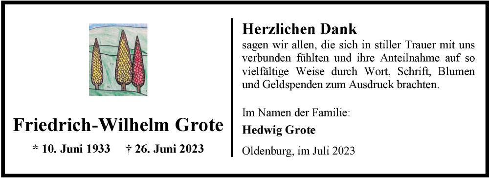  Traueranzeige für Friedrich-Wilhelm Grote vom 22.07.2023 aus Nordwest-Zeitung