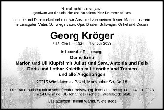 Traueranzeige von Georg Kröger von Nordwest-Zeitung