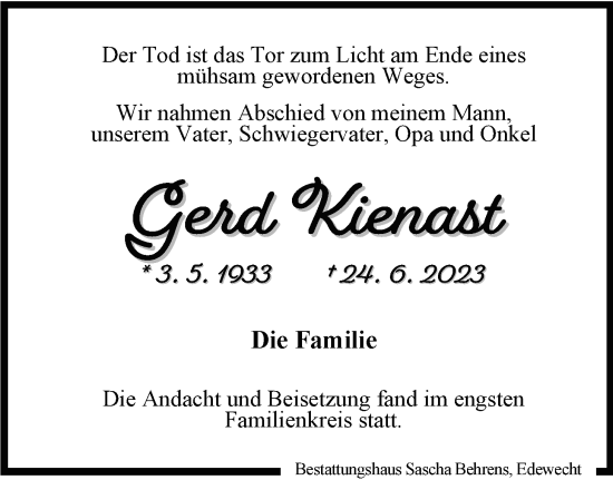 Traueranzeige von Gerd Kienast von Nordwest-Zeitung