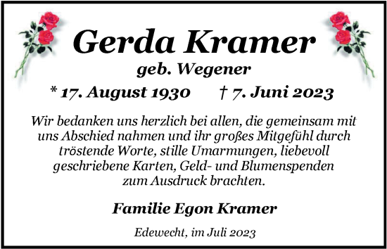 Traueranzeige von Gerda Kramer von Nordwest-Zeitung