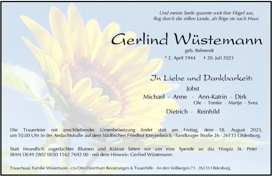 Traueranzeige von Gerlind Wüstemann von Nordwest-Zeitung