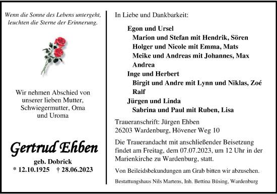 Traueranzeige von Gertrud Ehben von Nordwest-Zeitung