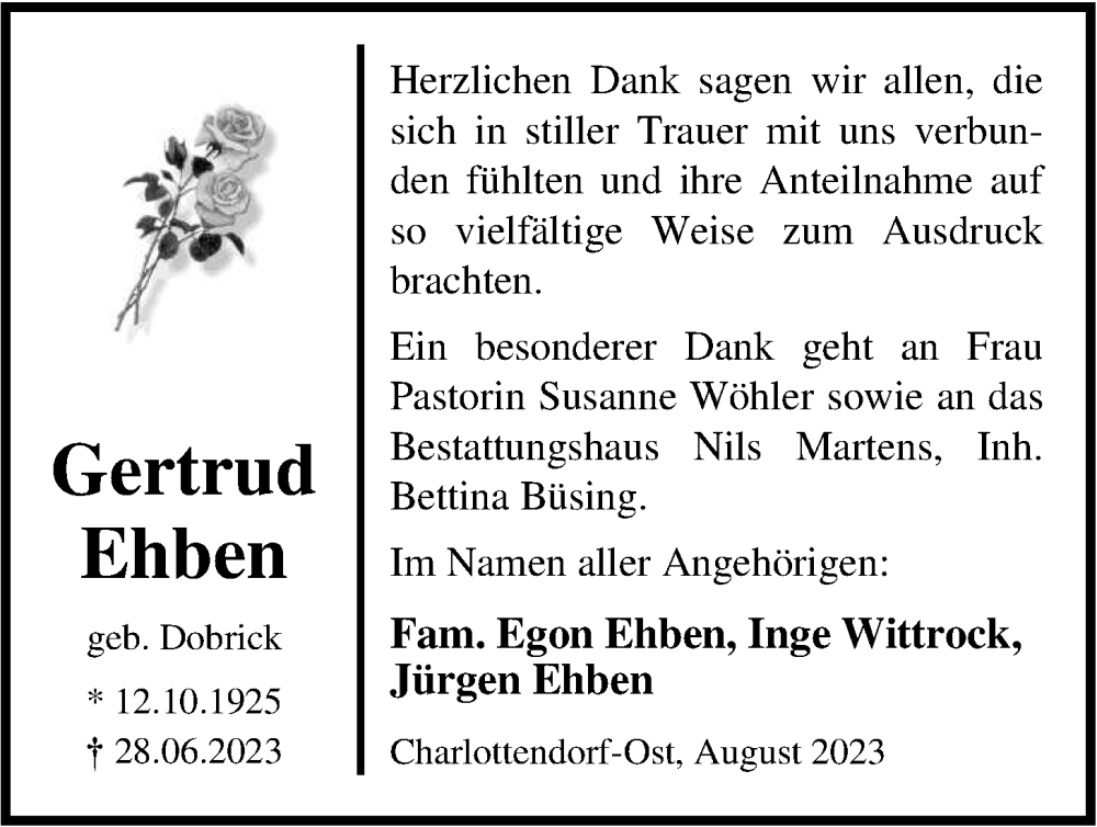  Traueranzeige für Gertrud Ehben vom 01.08.2023 aus Nordwest-Zeitung