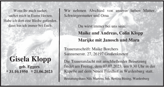 Traueranzeige von Gisela Klopp von Nordwest-Zeitung