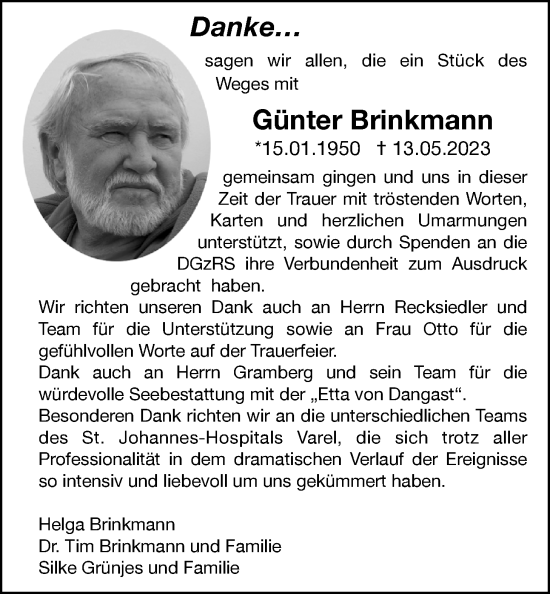 Traueranzeige von Günter Brinkmann von Nordwest-Zeitung