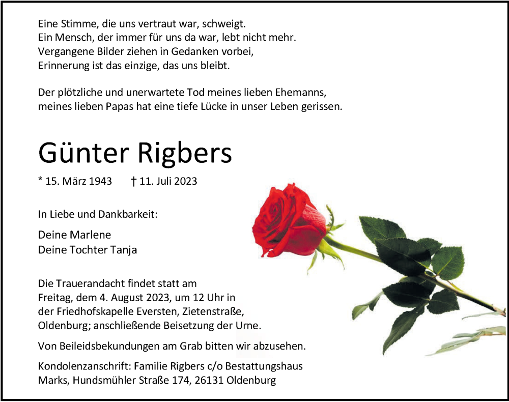  Traueranzeige für Günter Rigbers vom 22.07.2023 aus Nordwest-Zeitung