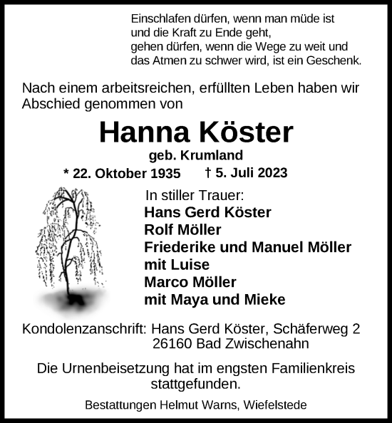 Traueranzeige von Hanna Köster von Nordwest-Zeitung