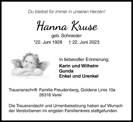 Traueranzeige von Hanna Kruse von Nordwest-Zeitung