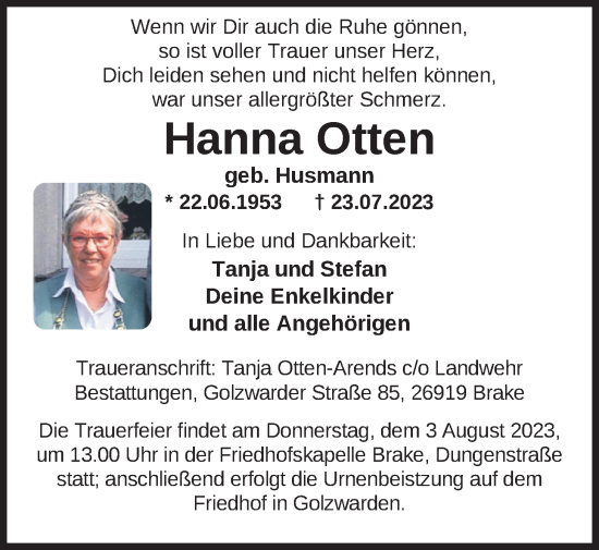 Traueranzeige von Hanna Otten von Nordwest-Zeitung