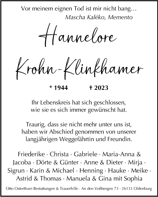 Traueranzeige von Hannelore Krohn-Klinkhammer von Nordwest-Zeitung