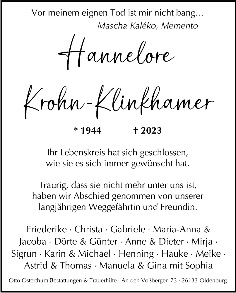  Traueranzeige für Hannelore Krohn-Klinkhammer vom 15.07.2023 aus Nordwest-Zeitung