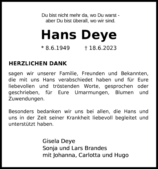 Traueranzeige von Hans Deye von Nordwest-Zeitung