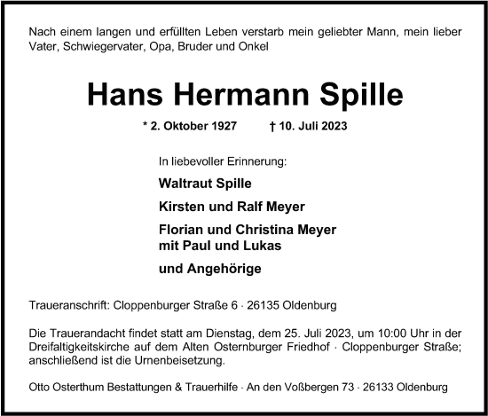 Traueranzeige von Hans Hermann Spille von Nordwest-Zeitung