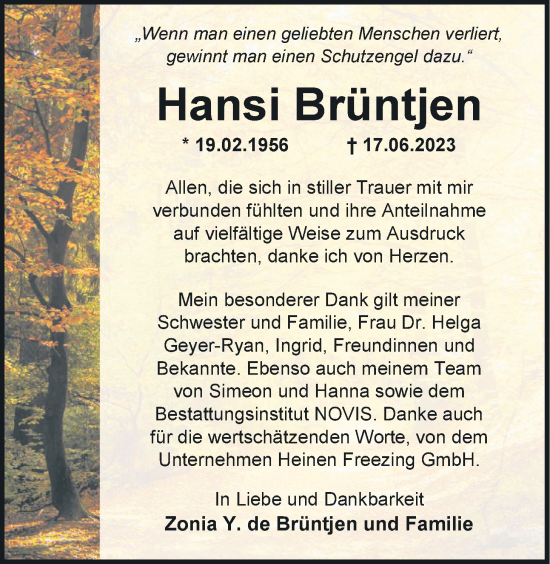 Traueranzeige von Hansi Brüntjen von Nordwest-Zeitung