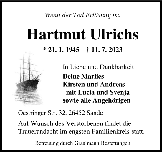 Traueranzeige von Hartmut Ulrichs von WZ/JW/AH