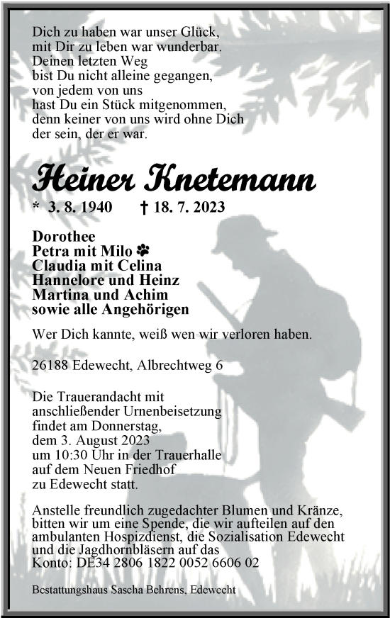 Traueranzeige von Heiner Knetemann von Nordwest-Zeitung