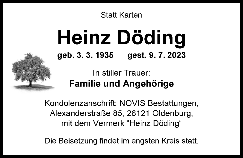  Traueranzeige für Heinz Döding vom 15.07.2023 aus Nordwest-Zeitung