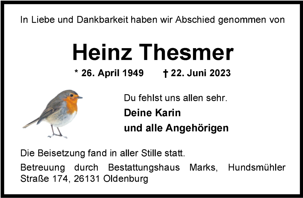  Traueranzeige für Heinz Thesmer vom 29.07.2023 aus Nordwest-Zeitung