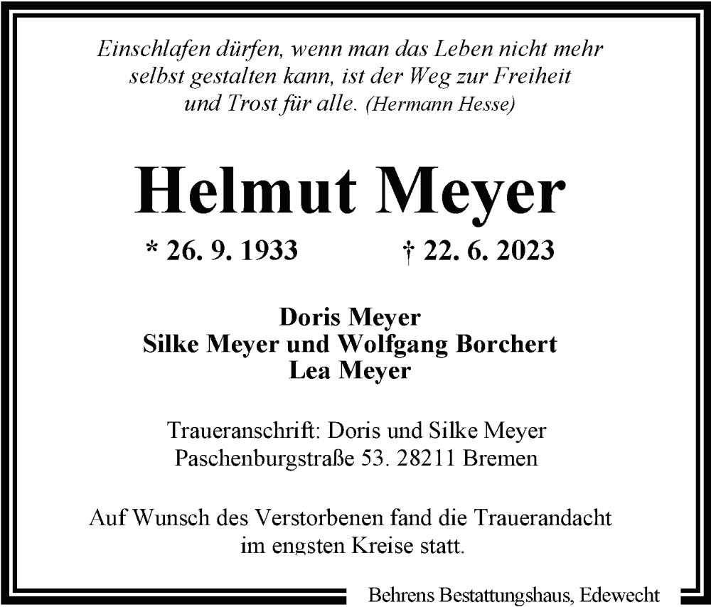  Traueranzeige für Helmut Meyer vom 08.07.2023 aus Nordwest-Zeitung