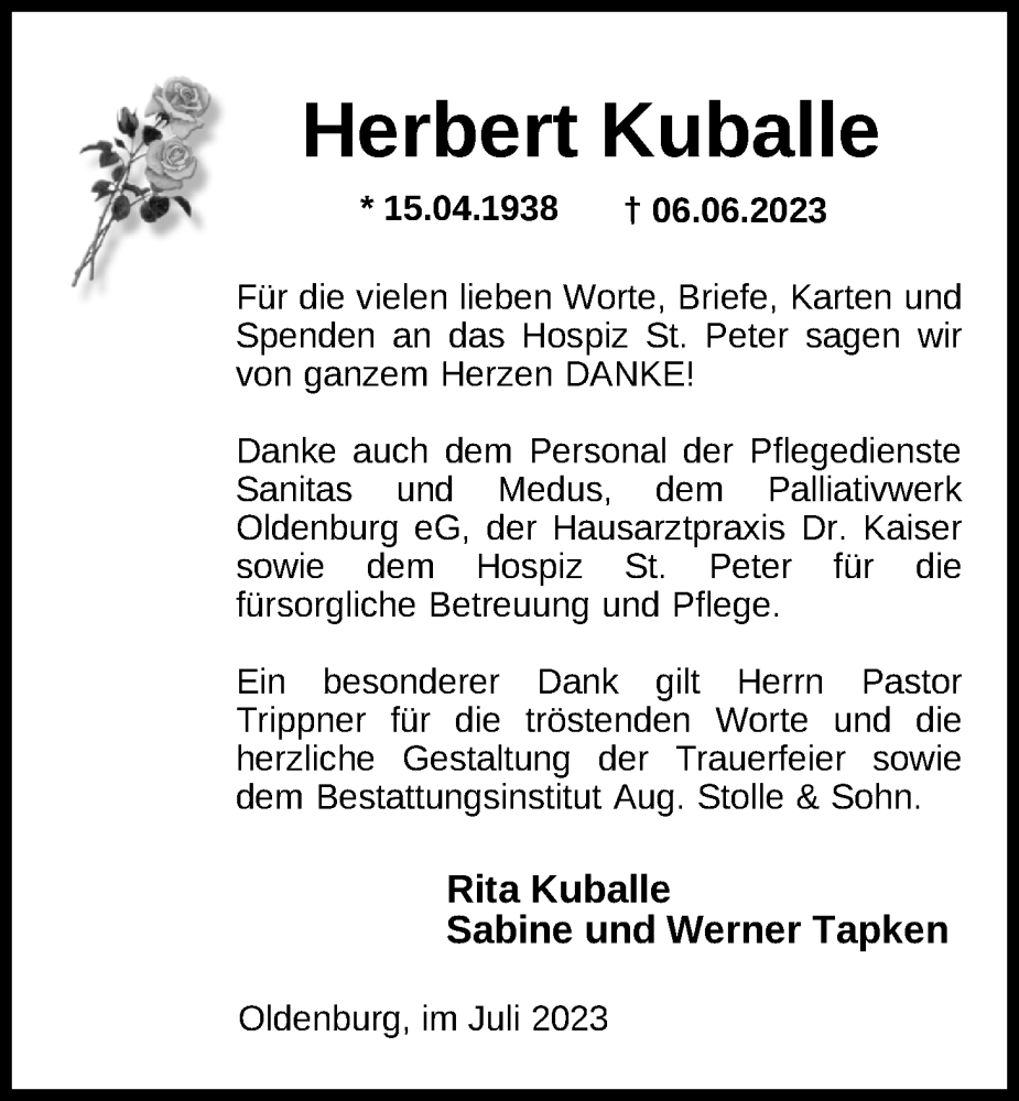  Traueranzeige für Herbert Kuballe vom 22.07.2023 aus Nordwest-Zeitung