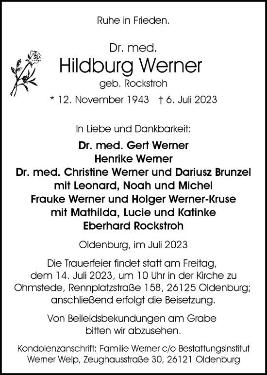 Traueranzeige von Hildburg Werner von Nordwest-Zeitung