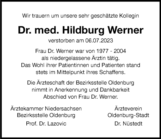 Traueranzeige von Hildburg Werner von Nordwest-Zeitung