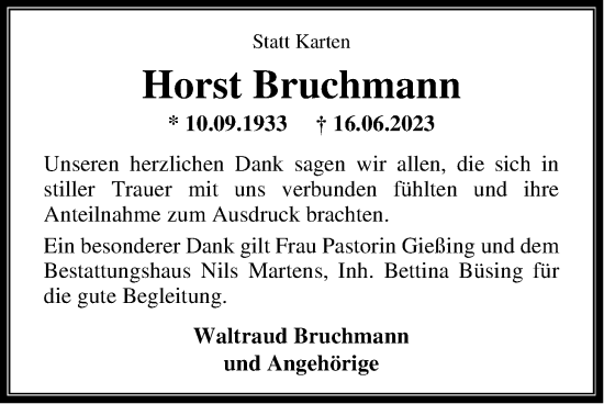 Traueranzeige von Horst Bruchmann von Nordwest-Zeitung