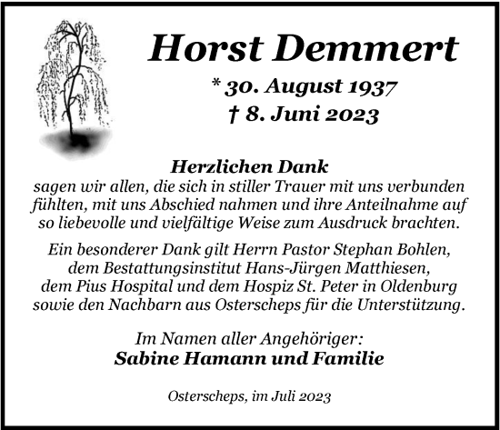 Traueranzeige von Horst Demmert von Nordwest-Zeitung