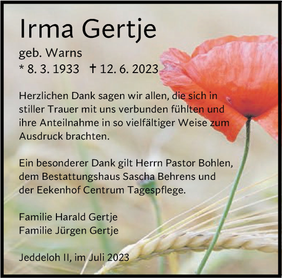 Traueranzeige von Irma Gertje von Nordwest-Zeitung