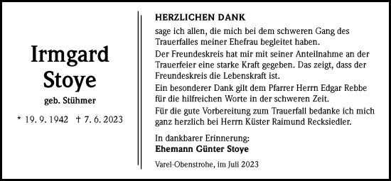 Traueranzeige von Irmgard Stoye von Nordwest-Zeitung