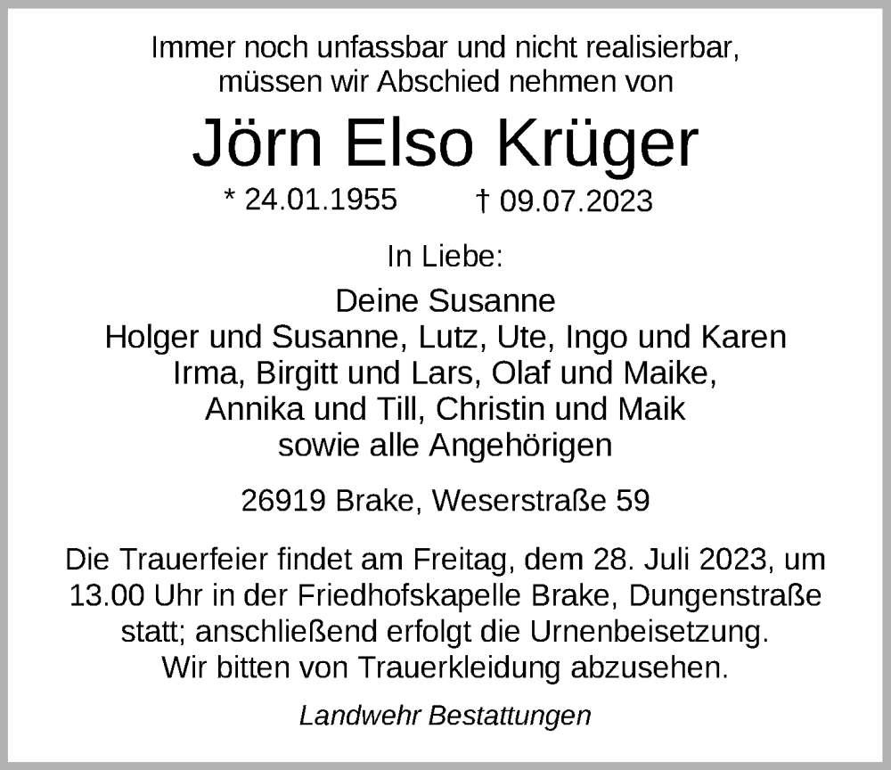  Traueranzeige für Jörn Elso Krüger vom 14.07.2023 aus Nordwest-Zeitung