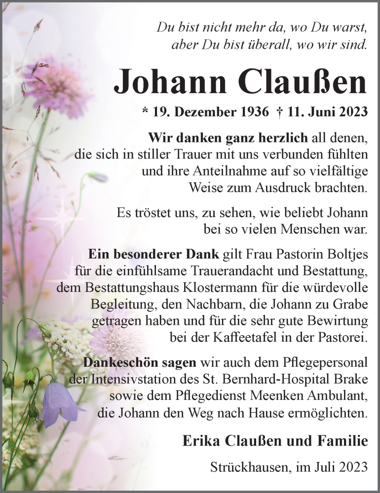  Traueranzeige für Johann Claußen vom 29.07.2023 aus Nordwest-Zeitung
