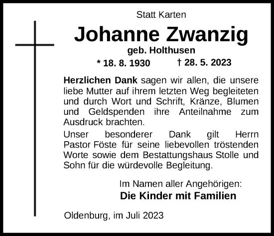 Traueranzeige von Johanne Zwanzig von Nordwest-Zeitung