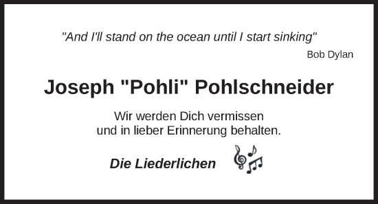 Traueranzeige von Joseph Pohlschneider von Nordwest-Zeitung