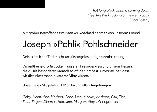 Traueranzeige von Joseph Pohlschneider von Nordwest-Zeitung