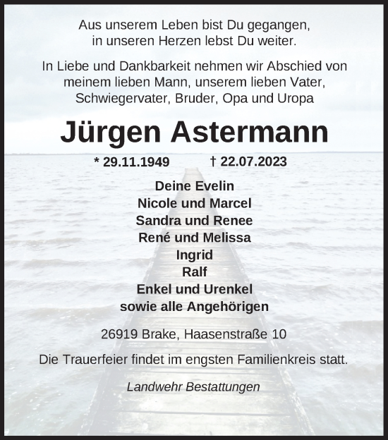 Traueranzeige von Jürgen Astermann von Nordwest-Zeitung