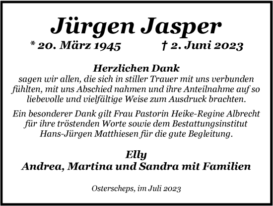 Traueranzeige von Jürgen Jasper von Nordwest-Zeitung