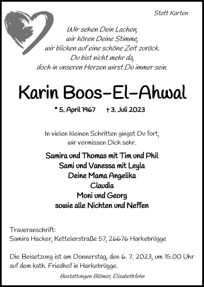  Traueranzeige für Karin Boos-El-Ahwal vom 04.07.2023 aus Nordwest-Zeitung