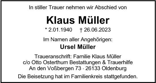 Traueranzeige von Klaus Müller von Nordwest-Zeitung