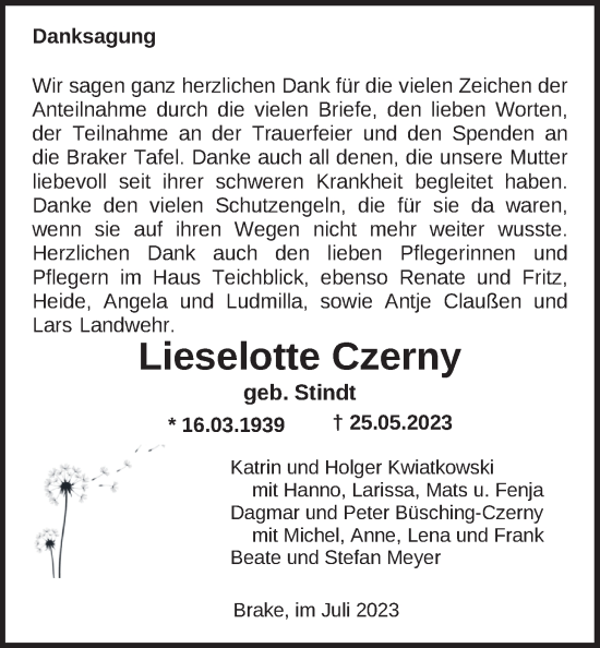 Traueranzeige von Lieselotte Czerny von Nordwest-Zeitung