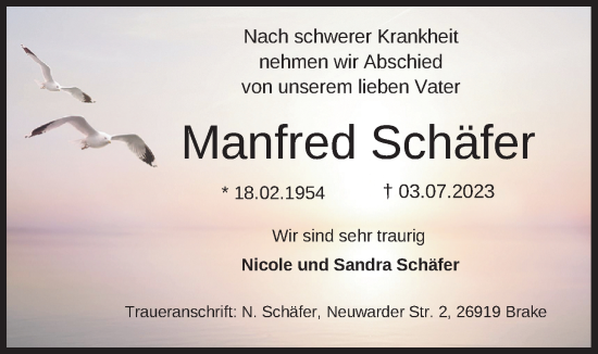 Traueranzeige von Manfred Schäfer von Nordwest-Zeitung