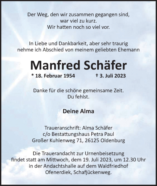 Traueranzeige von Manfred Schäfer von Nordwest-Zeitung