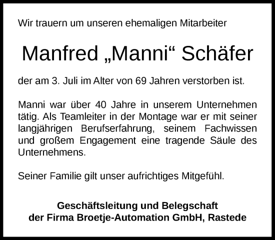 Traueranzeige von Manfred Schäfer von Nordwest-Zeitung