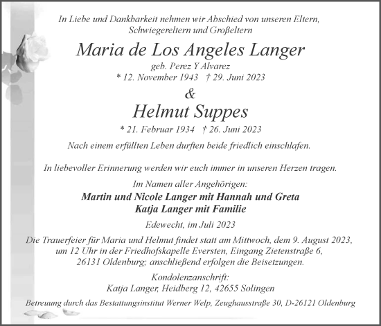 Traueranzeige von Maria de Los Angeles Langer von Nordwest-Zeitung