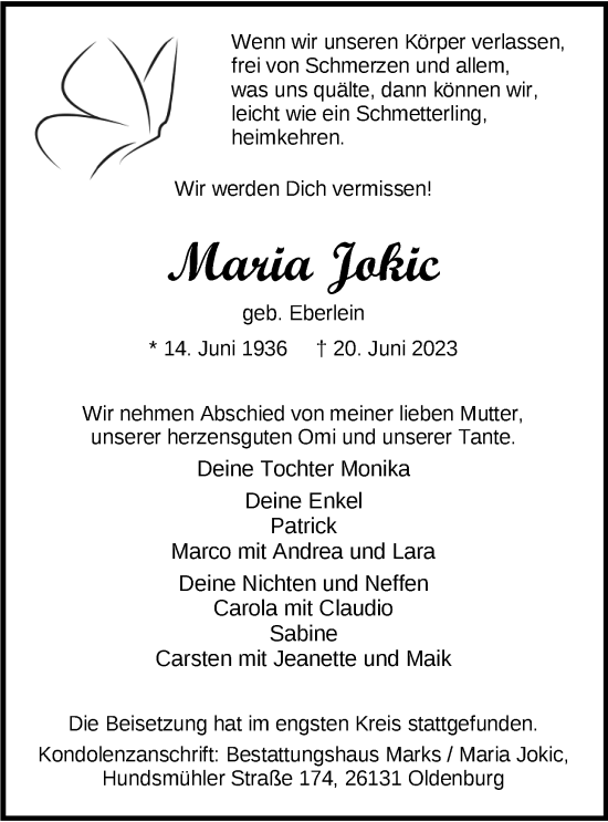 Traueranzeige von Maria Jokic von Nordwest-Zeitung