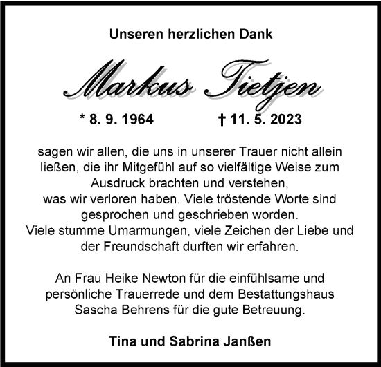 Traueranzeige von Markus Tietjen von Nordwest-Zeitung
