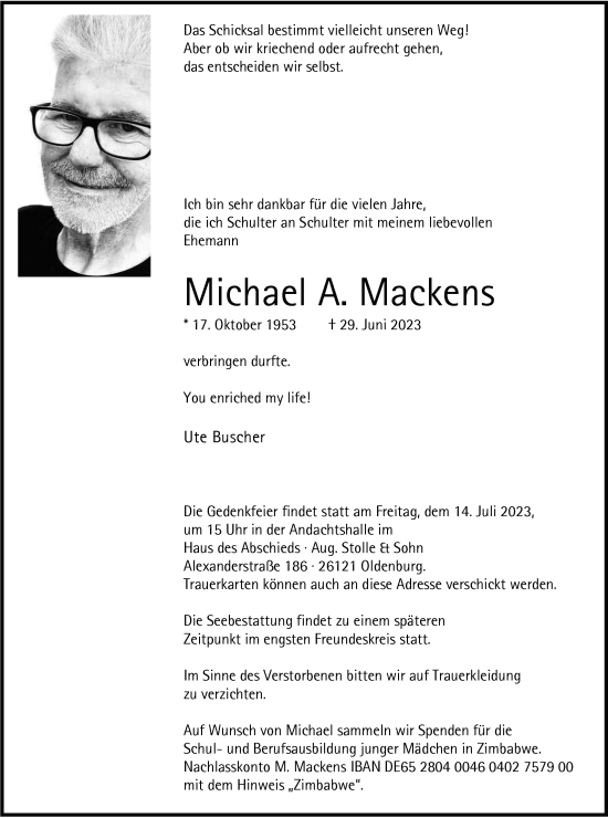 Traueranzeige von Michael A. Mackens von Nordwest-Zeitung