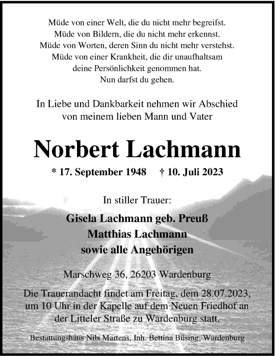 Traueranzeige von Norbert Lachmann von Nordwest-Zeitung