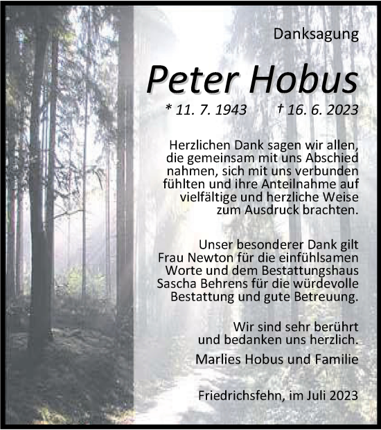 Traueranzeige von Peter Hobus von Nordwest-Zeitung